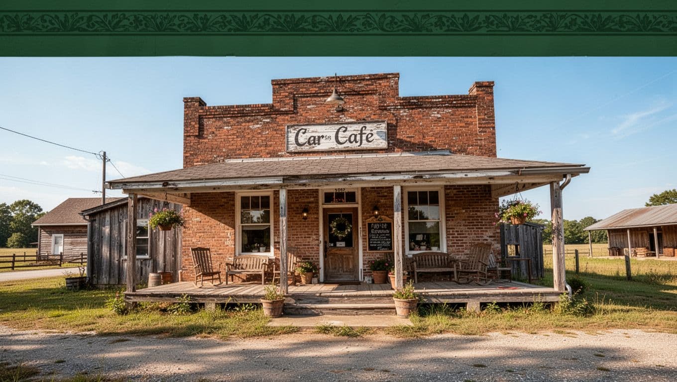 A sunlit red brick cafe exterior with a green Local Eats sign under a clear blue sky.
