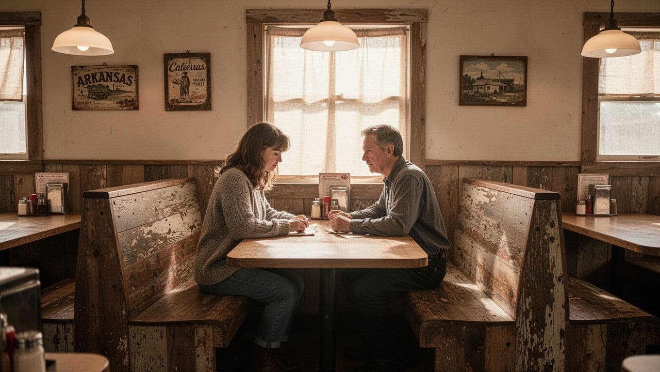 One person sits at a wooden table in a rustic Arkansas diner beneath a Local Eats banner.