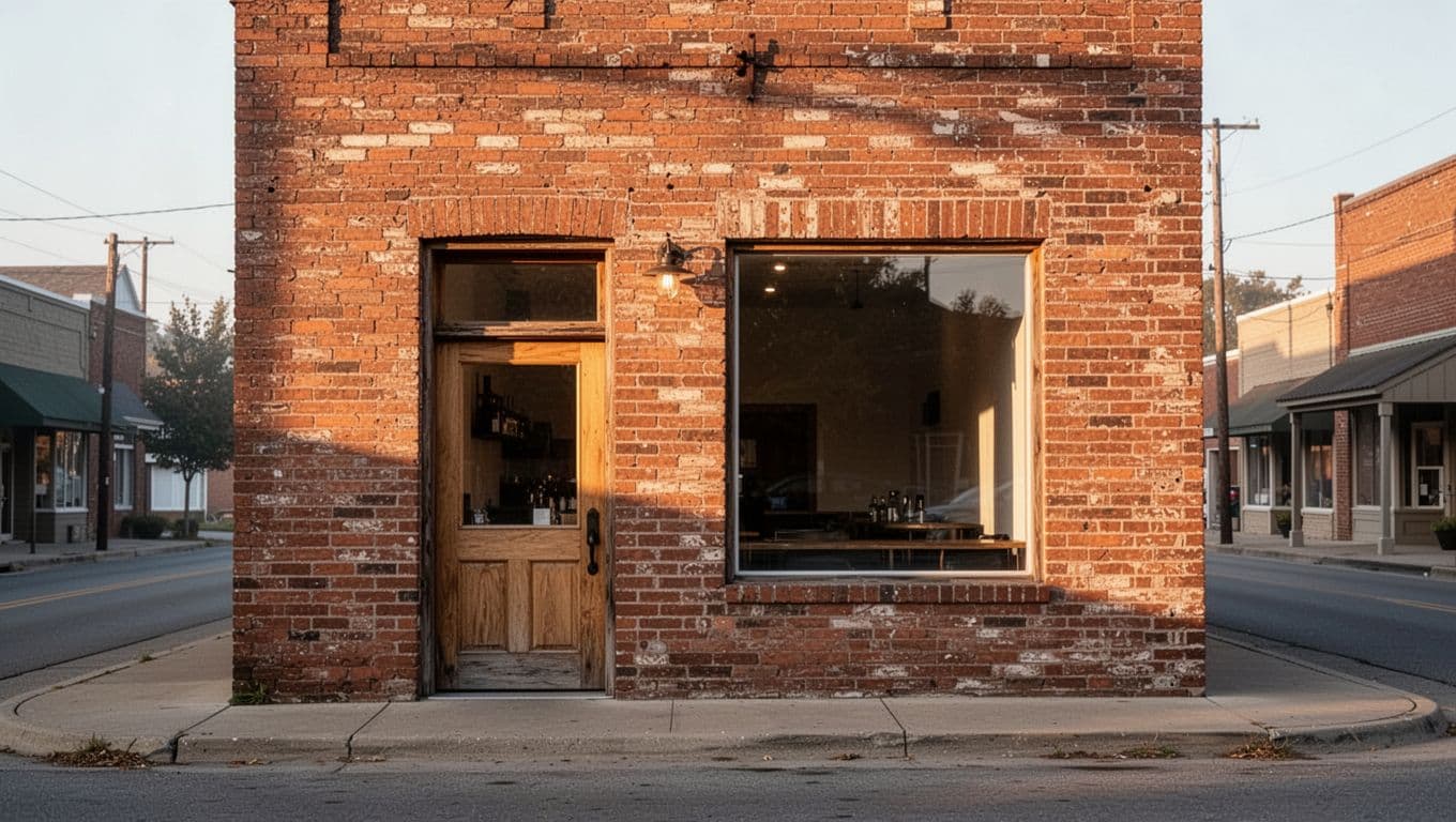 A quaint brick restaurant facade sits on a quiet morning street in Arkansas. The simple wooden door and clear glass window reflect the soft, early sunlight hitting the textured masonry walls.