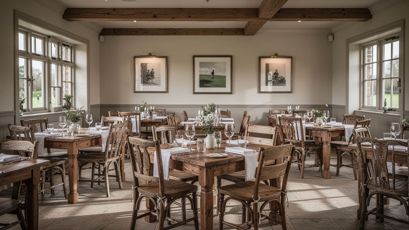 An elegant dining room featuring rows of wooden tables and chairs inside a country club.
