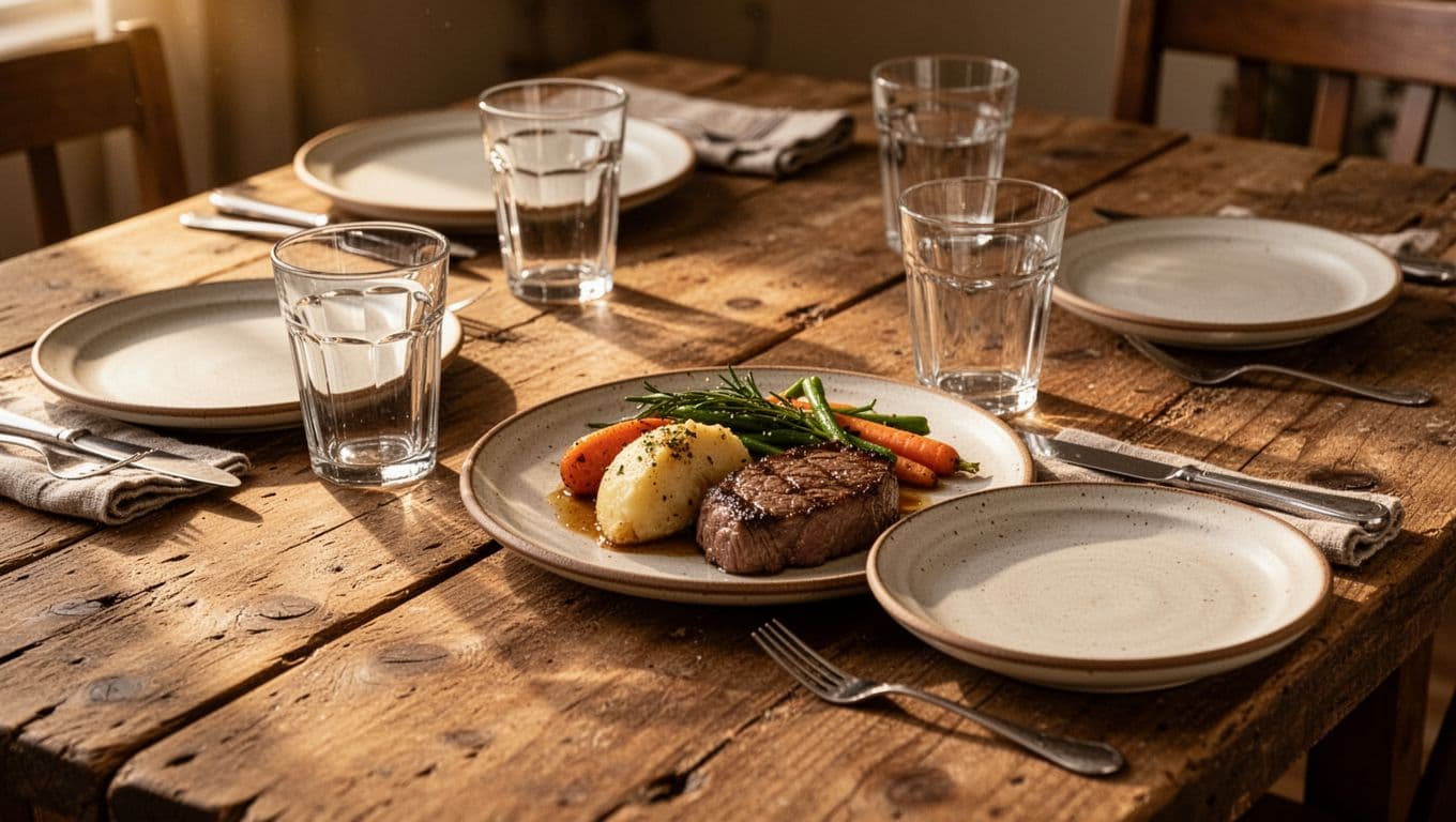 Rustic restaurant table with plates, glasses, and a hearty meal under warm lighting.