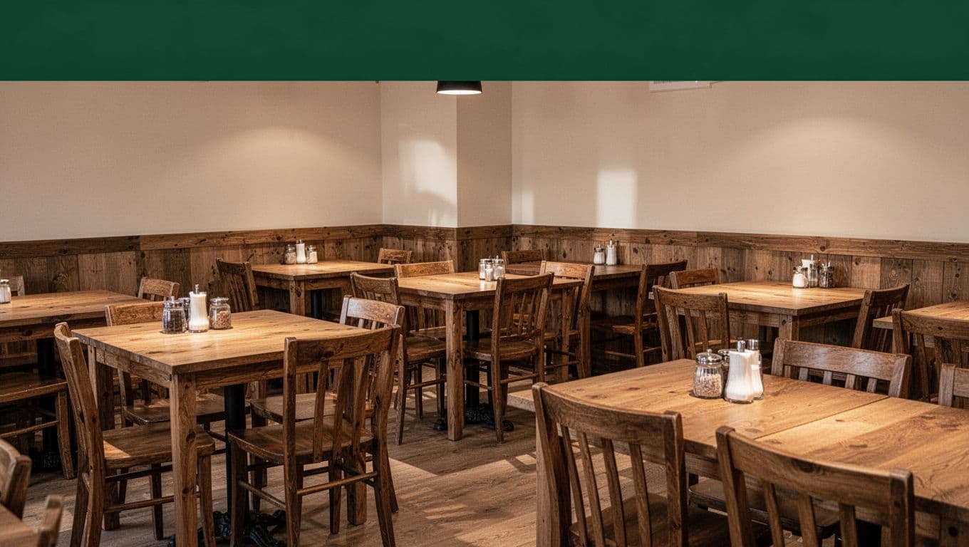 Empty wooden tables and chairs in a dimly lit restaurant with a green text banner at the top.