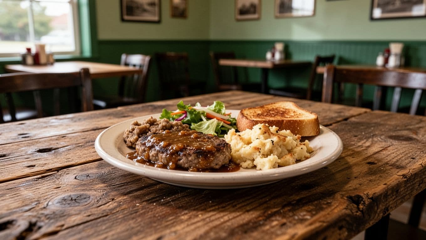 A rustic wooden table holding a plate of home-style food inside a quiet small-town diner.