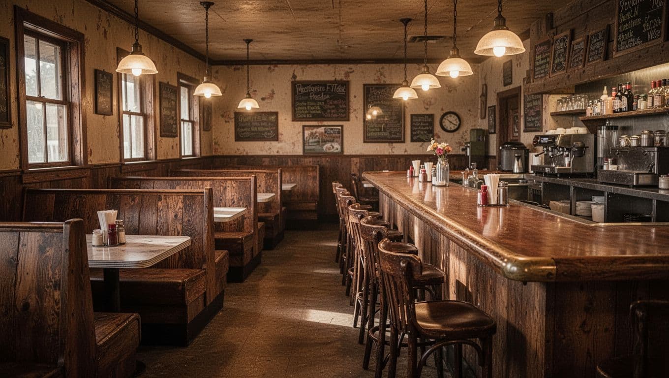 Polished wooden booths line the walls of a cozy diner beneath glowing overhead lamps. A dark green header band displays elegant text above the warm, empty seating area and tabletops.
