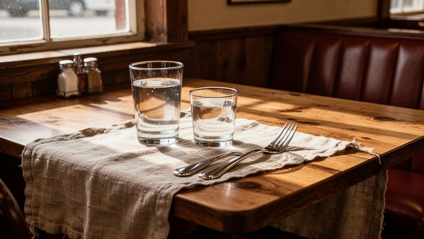 A simple glass of water and a fork placed on a clean cloth-covered table in a sunlit diner.