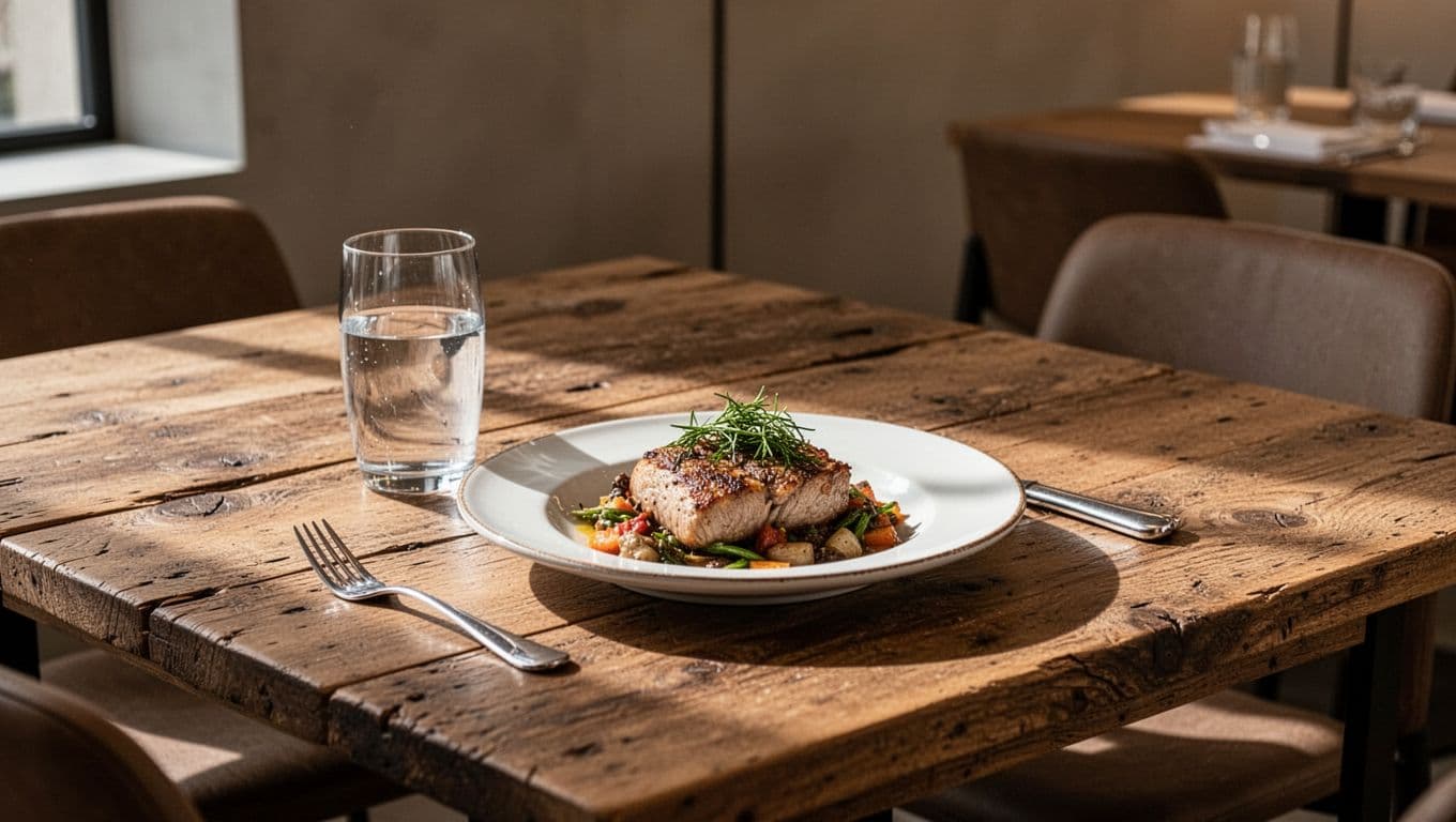 A rustic table set for a meal in a minimalist dining room with a text banner overhead.
