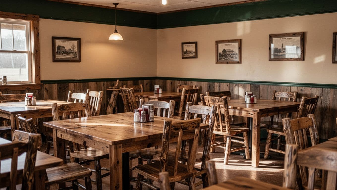Simple wooden tables and chairs fill a small, warm-toned dining room. A dark-green banner with bold, white text sits at the top, emphasizing the local flavor of this rural Arkansas restaurant.