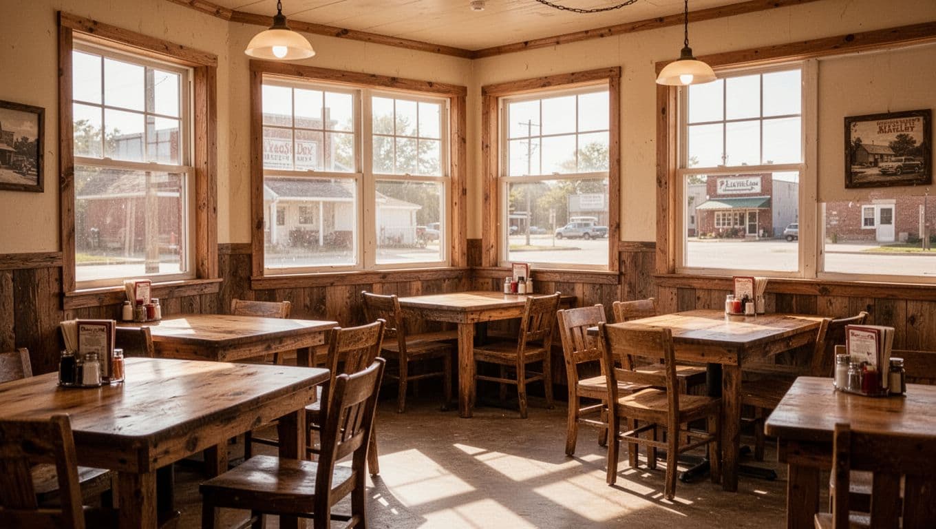 An empty dining room with wooden tables and chairs bathed in warm natural light from large windows.