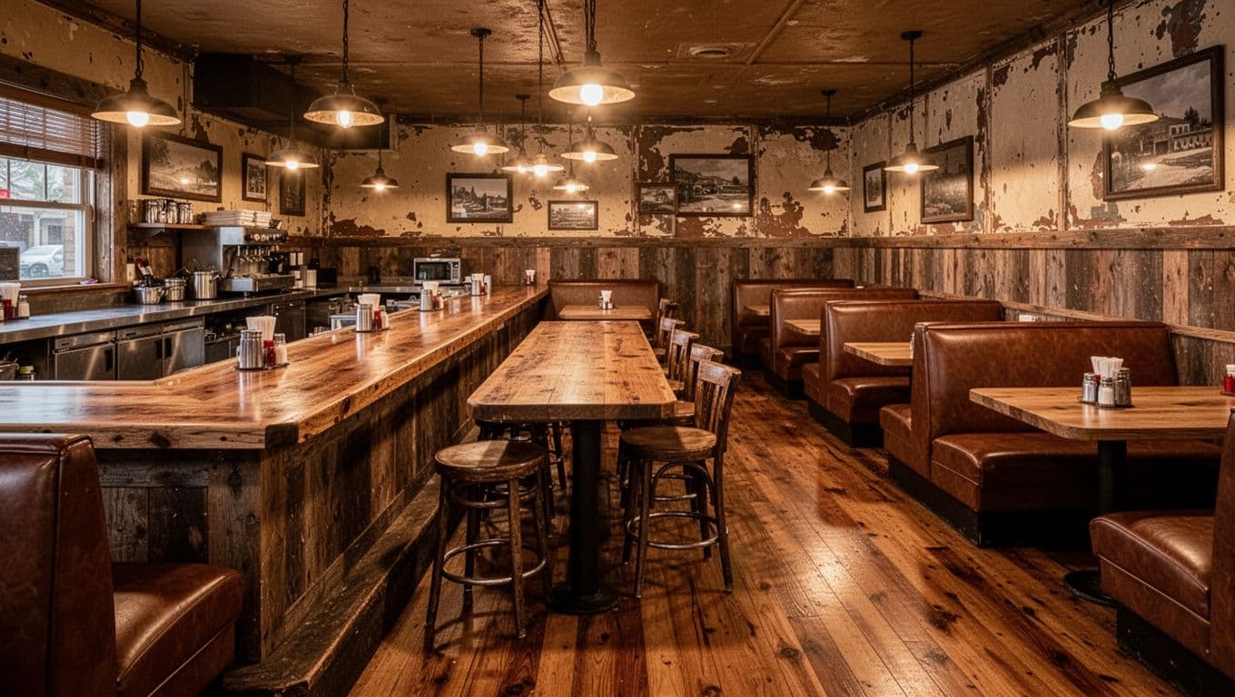 A long wooden counter runs through the warm, inviting diner, featuring plush booths and soft ambient lighting. The classic decor creates a nostalgic atmosphere perfect for casual meals in Kensett.