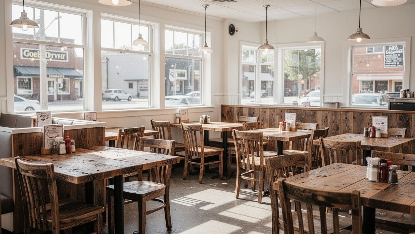 Sunlight streams through large windows onto neat wooden tables and chairs arranged in a quiet, minimalist diner space. The clean, welcoming atmosphere highlights a peaceful spot for a local meal.