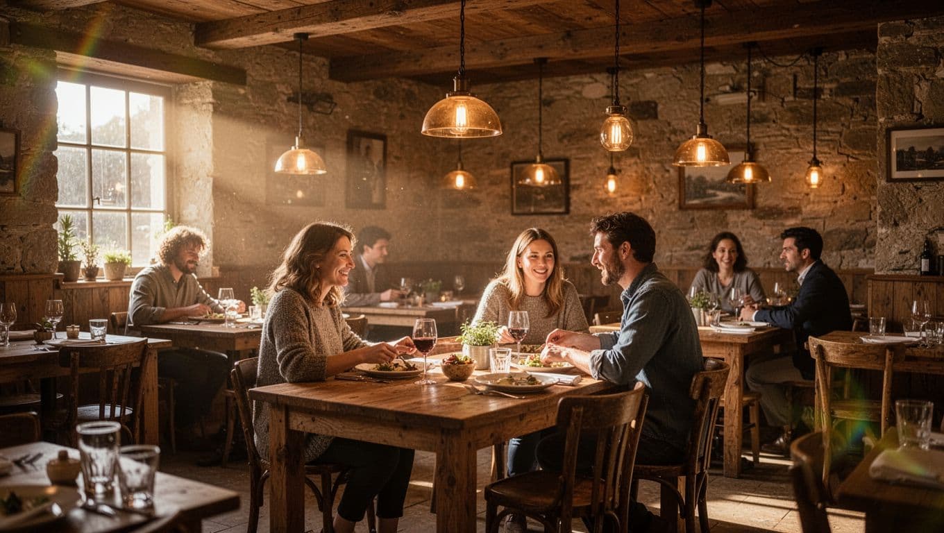 Rustic restaurant dining room with wooden tables and a 