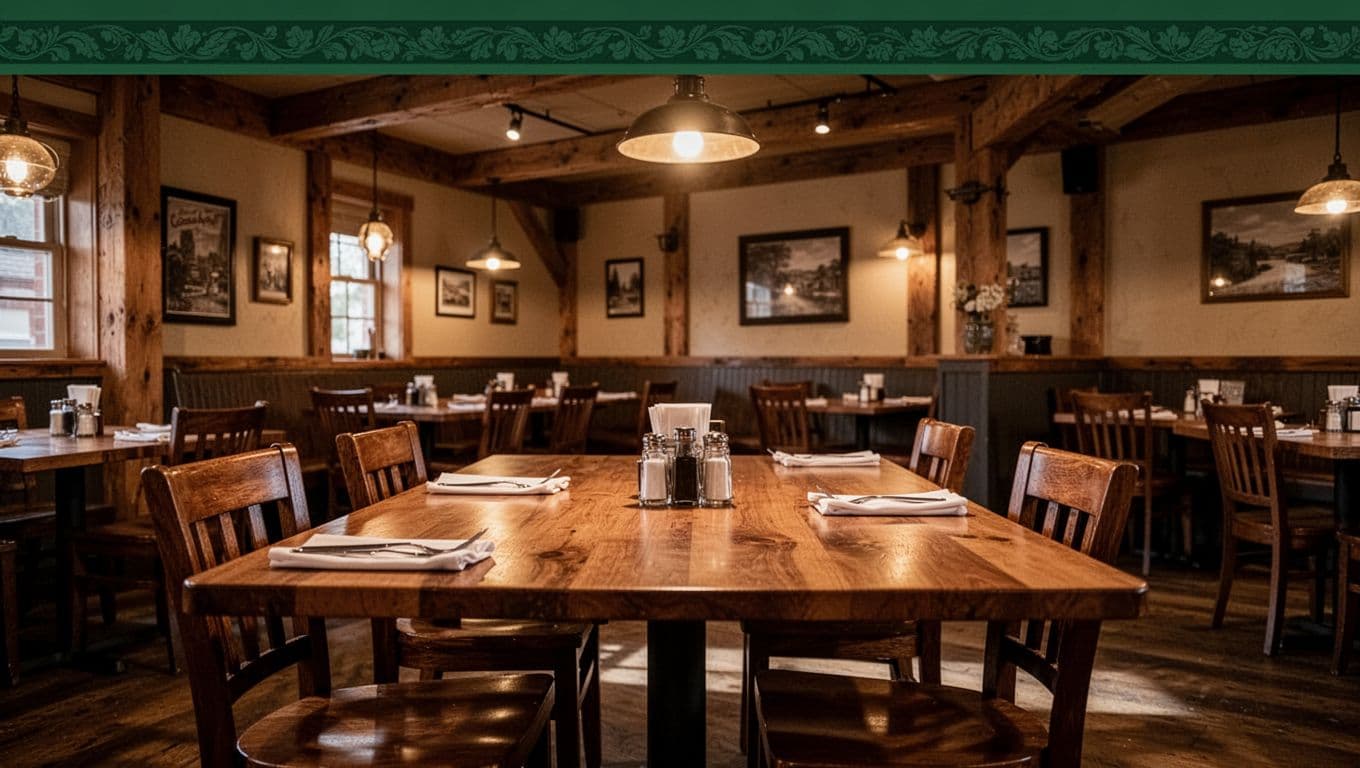 An empty wooden table inside a cozy restaurant with a Local Eats sign above.