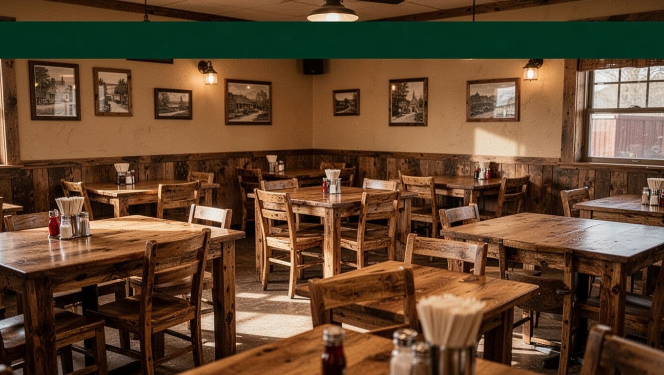An empty dining room with wooden tables and a sign overhead that reads London Dining.