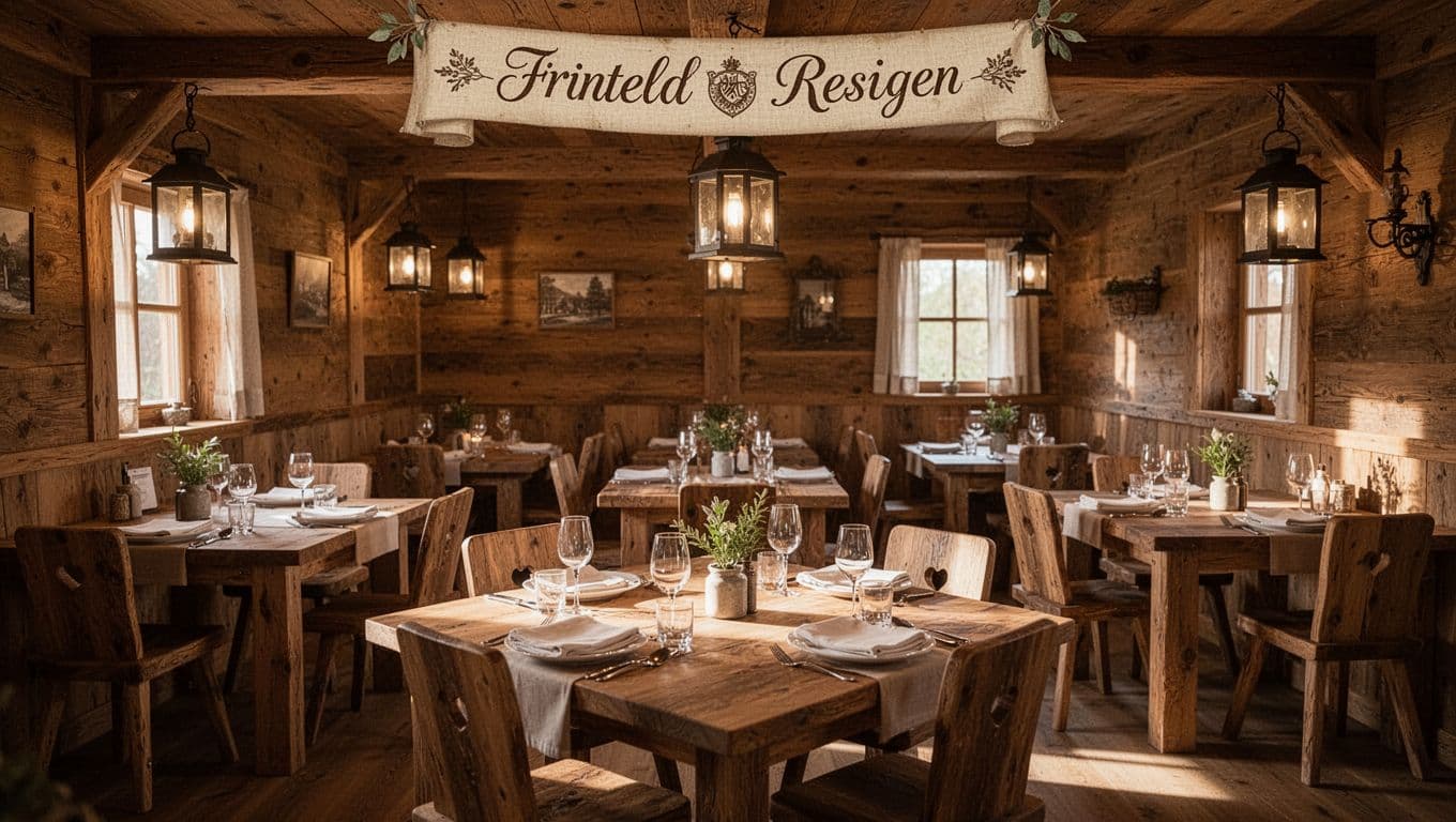 An empty, warmly lit dining room with wooden tables and a green header sign.