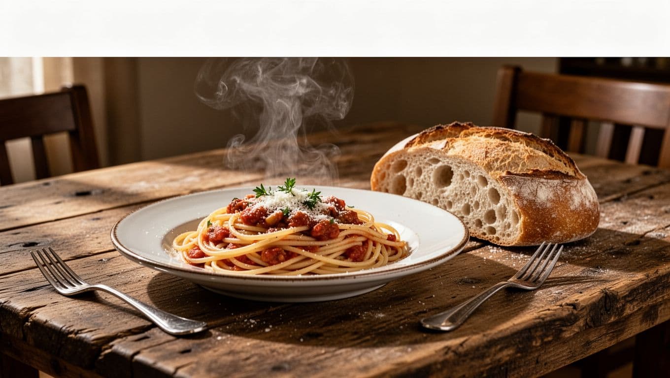 A steaming plate of pasta sits on a weathered wooden table beside a basket of crusty bread. Soft, warm interior lighting highlights the textures of the meal in a cozy room.