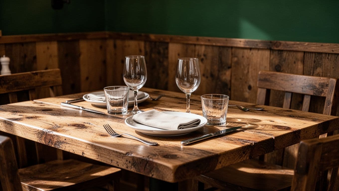 A solitary place setting on a wooden table inside a rustic restaurant.