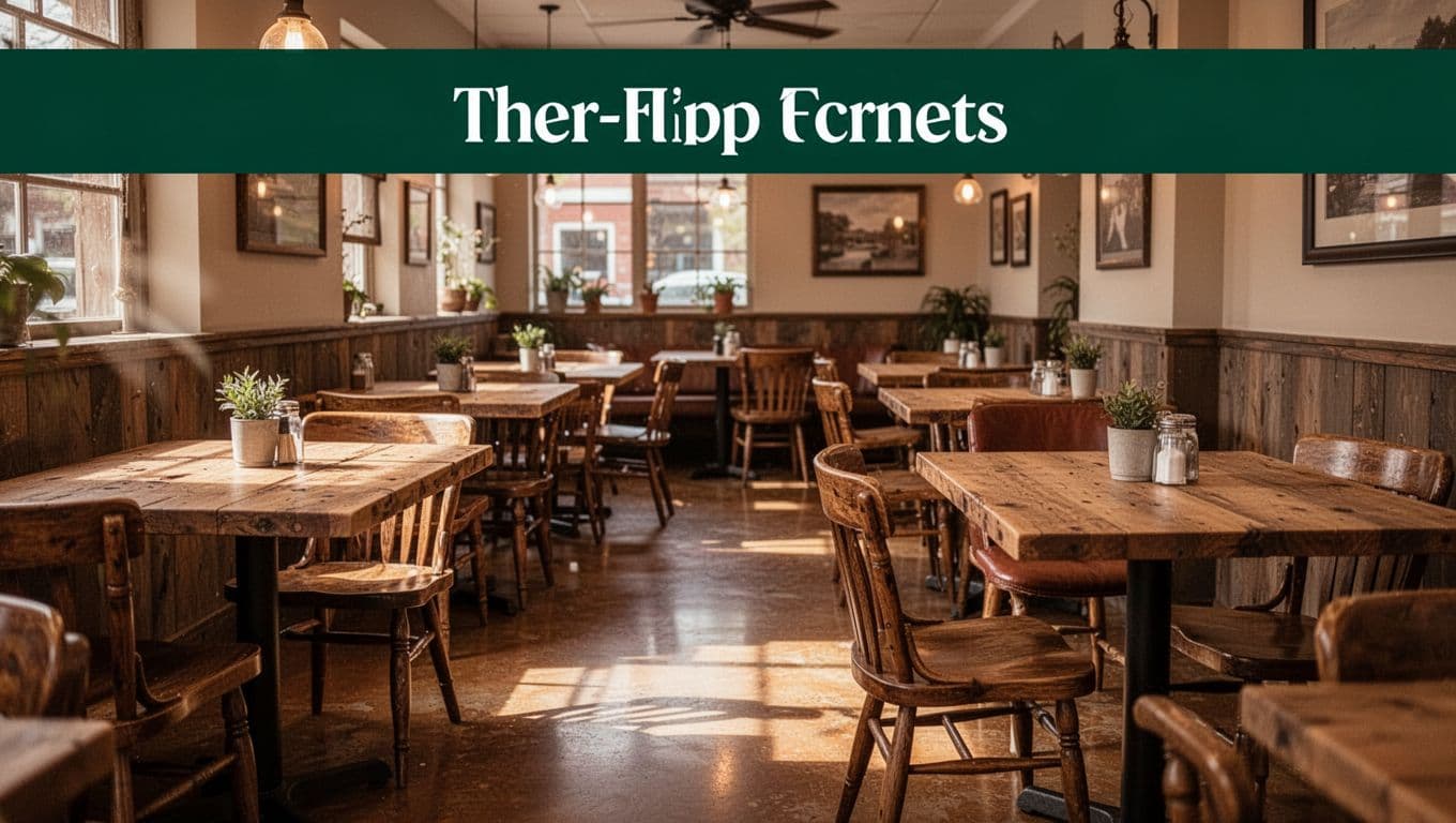 Warm golden light illuminates weathered wooden tables in a cozy small-town eatery. A dark green header bar displays white geometric typography reading Dining In Greenland, set against a cozy ambient background.