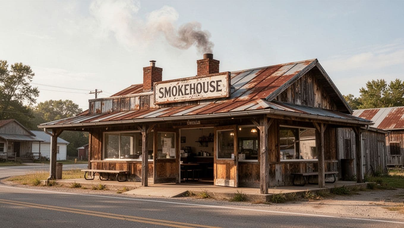 A rustic wooden smokehouse and diner building in a rural town.