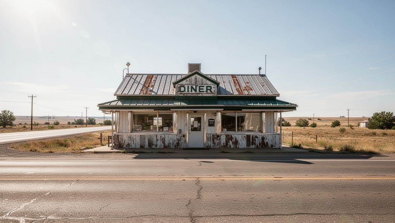 A rustic diner exterior along a sunny highway beneath a dark green headline band.