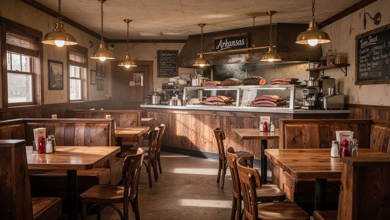 Empty wooden tables inside a warm and inviting local diner.