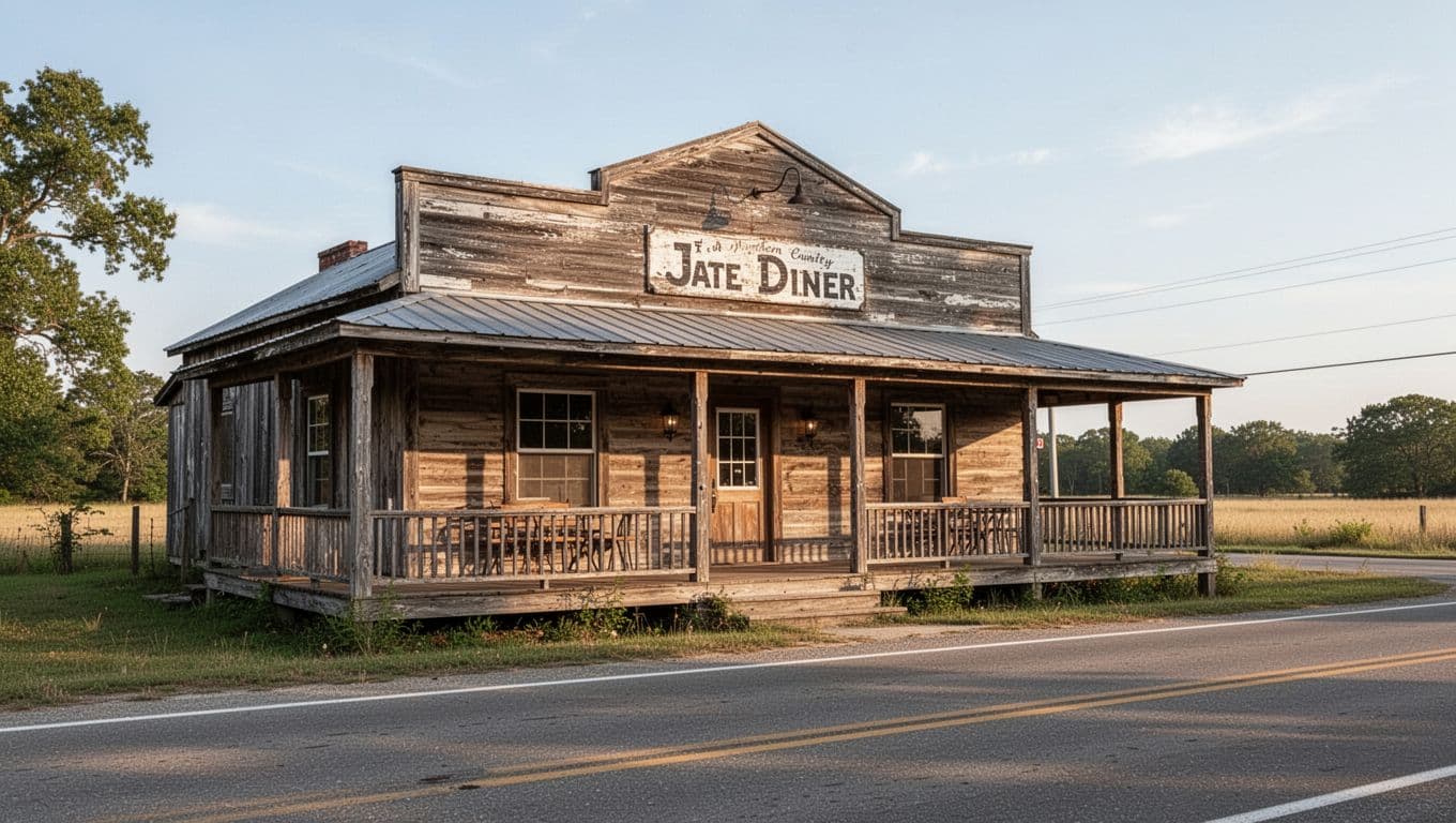 A rustic country diner with a covered porch beside a quiet rural road.