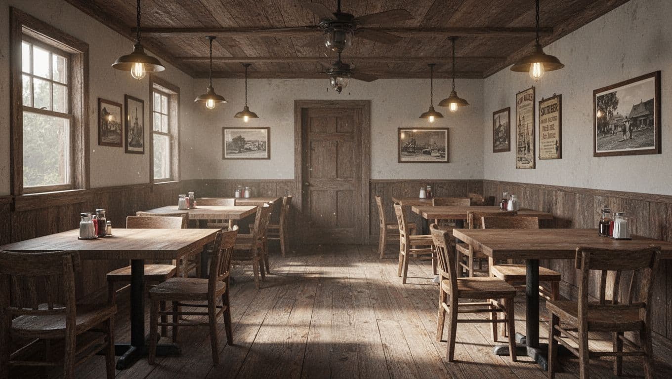 An empty southern diner interior featuring wooden tables and soft overhead lighting.
