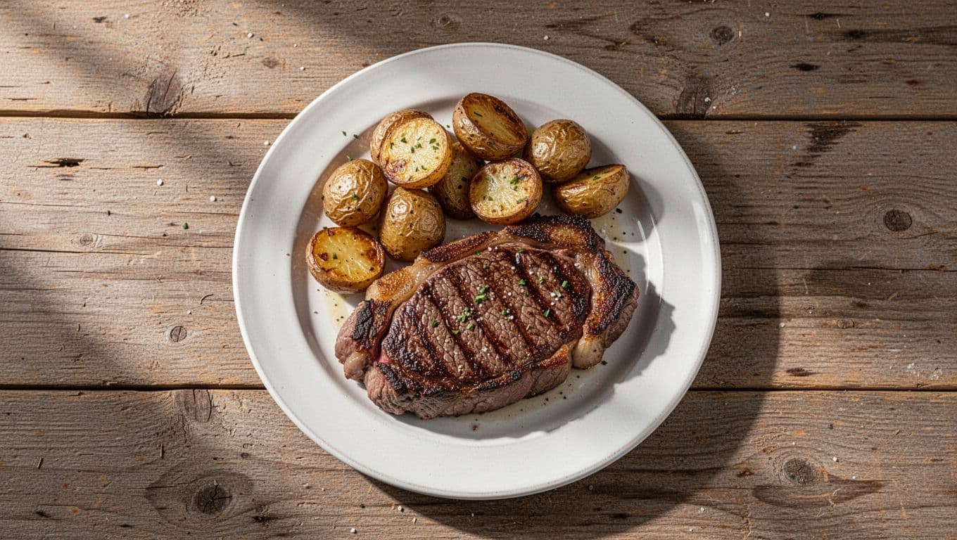 A plate of steak and potatoes sits on a rustic wooden table.