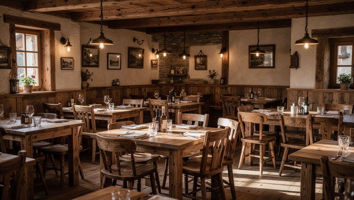 Wooden tables and warm lighting inside a rustic restaurant dining room.