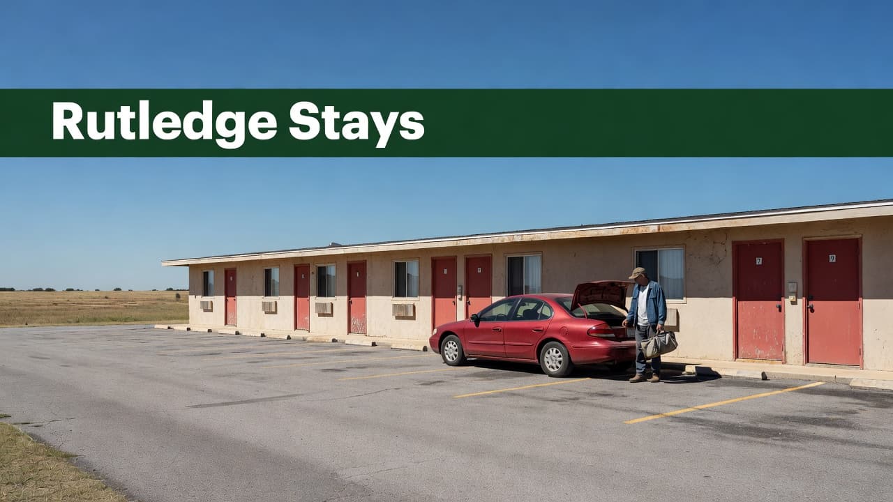 A quiet small-town motel exterior in Alabama under a clear sky with bold signage.