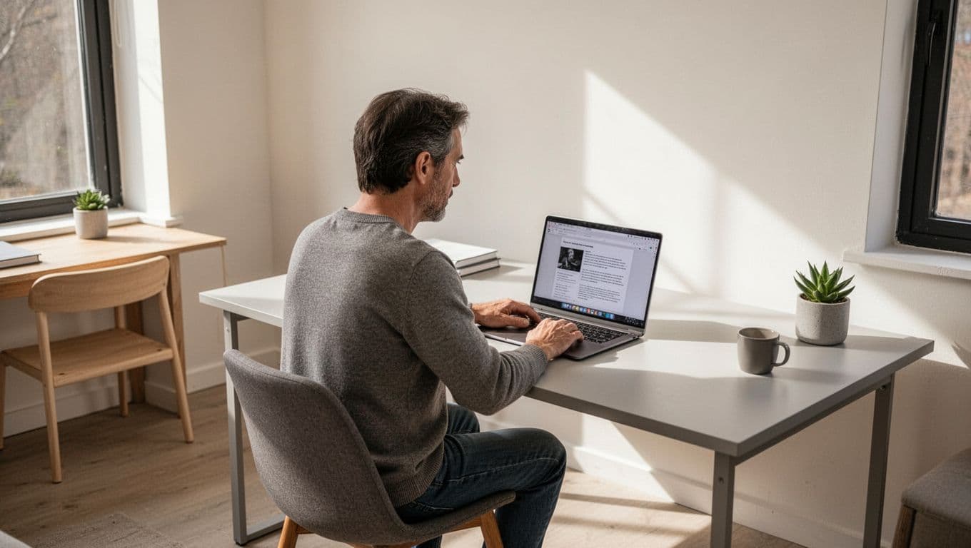 A person sits at a desk viewing laptop search results for accommodations. A bold dark-green banner spans the top of the screen featuring white geometric text that reads Find Your Stay.
