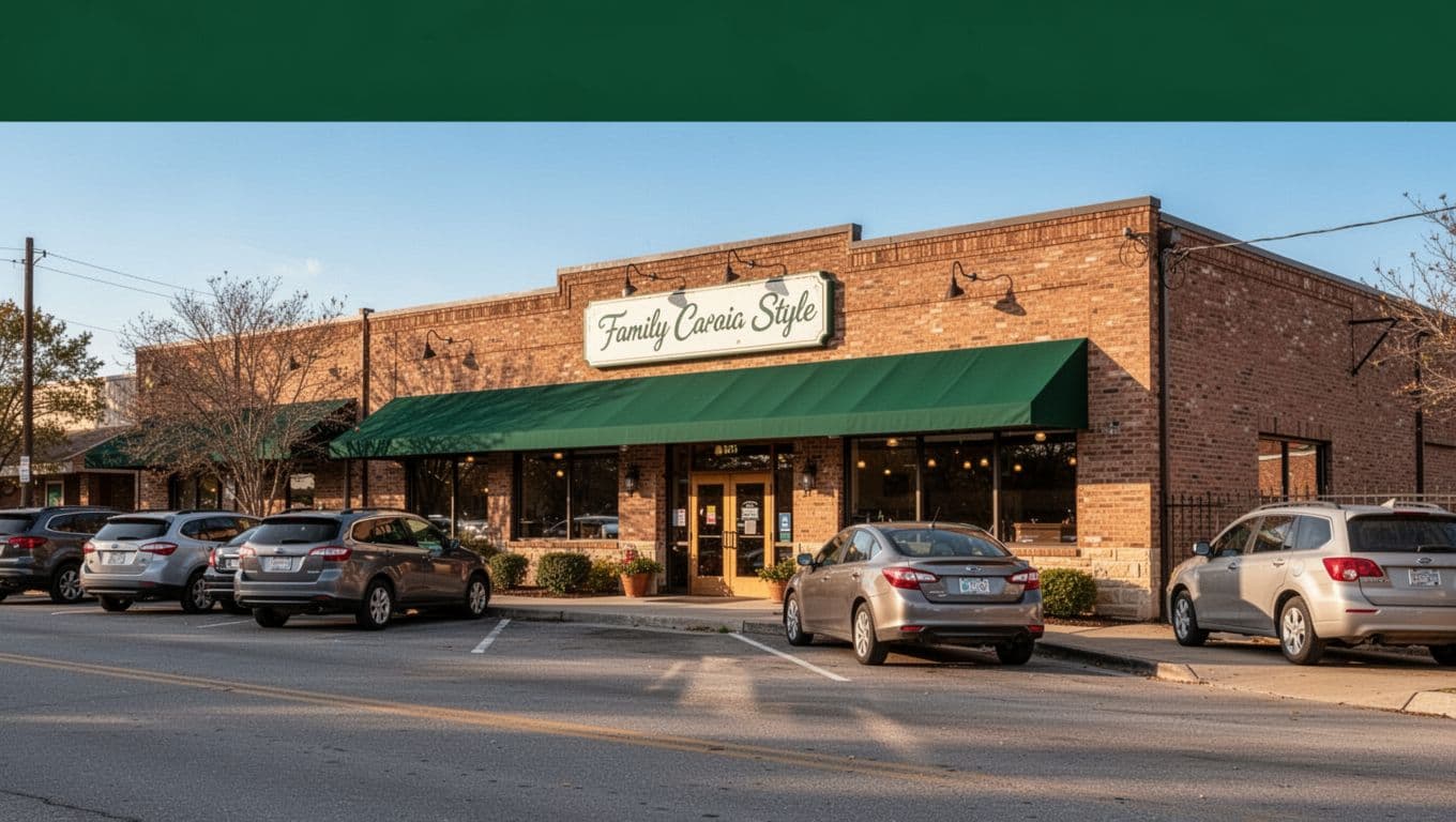 The exterior of a casual local restaurant with parked cars and a welcoming entrance.