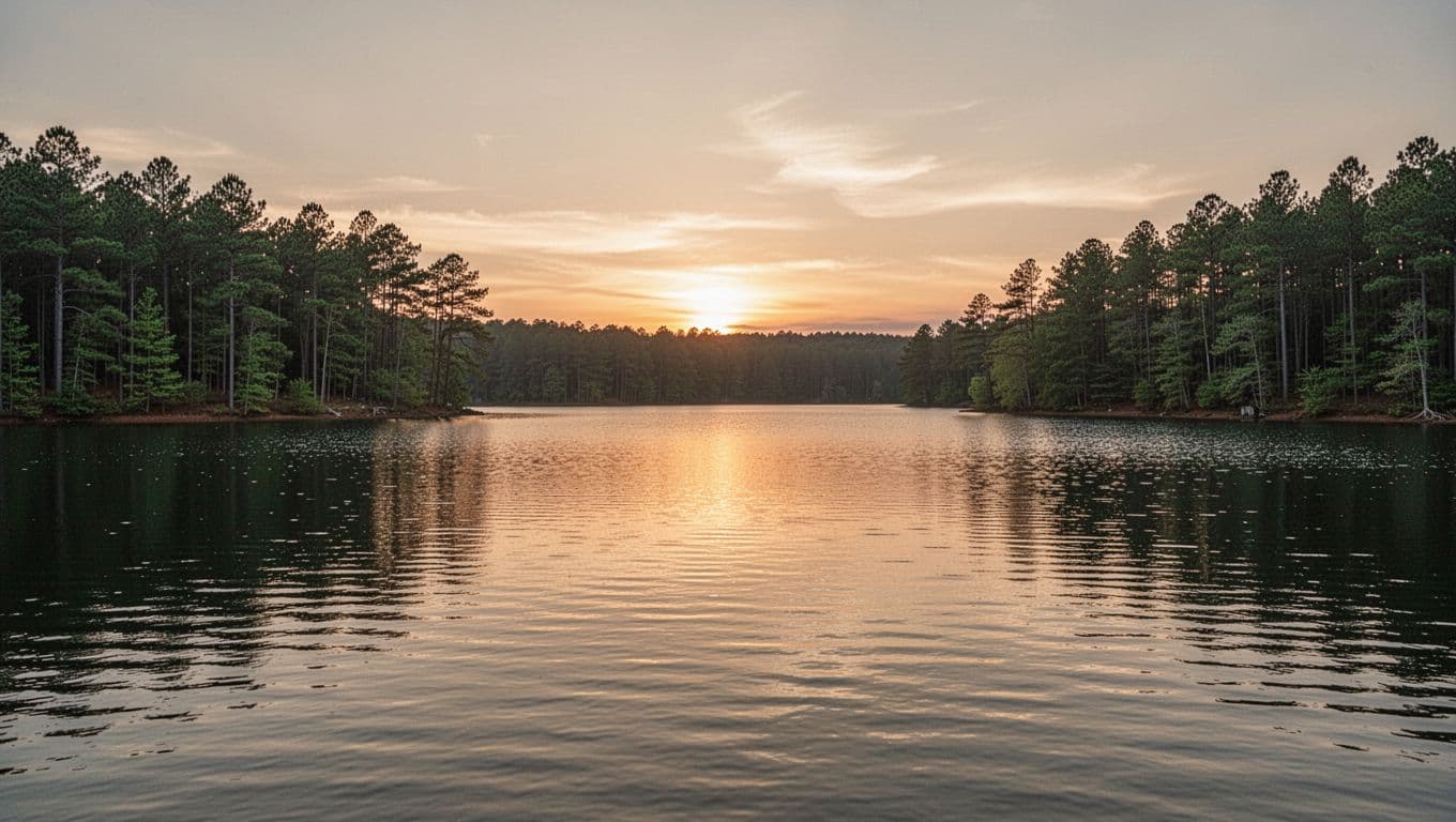 The calm surface of Lake Martin reflects the soft golden glow of a setting sun. A dense, dark pine forest frames the shoreline under a quiet, peaceful twilight sky.