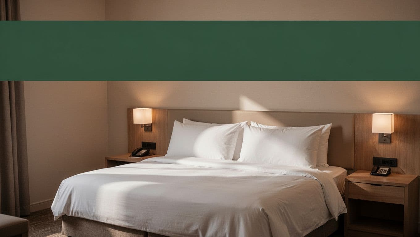 A hotel room with a neatly made bed and warm lighting beneath a dark green headline band.