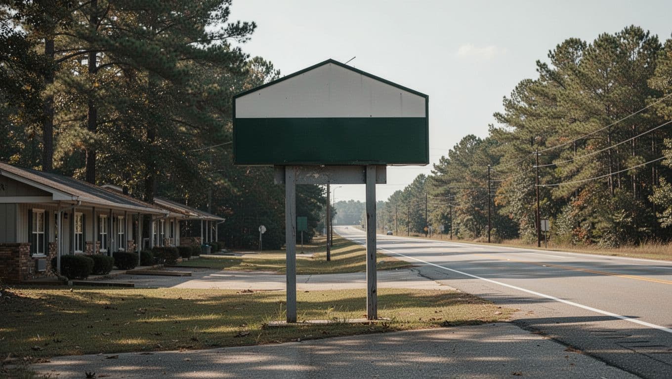 A vintage roadside motel sign by a quiet highway beneath a dark green headline band.