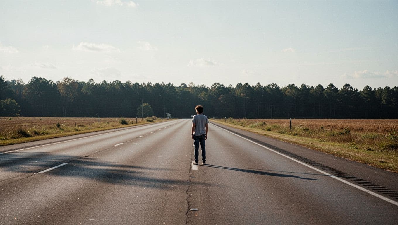 A traveler stands beside a quiet Alabama highway beneath a Sims Chapel banner.