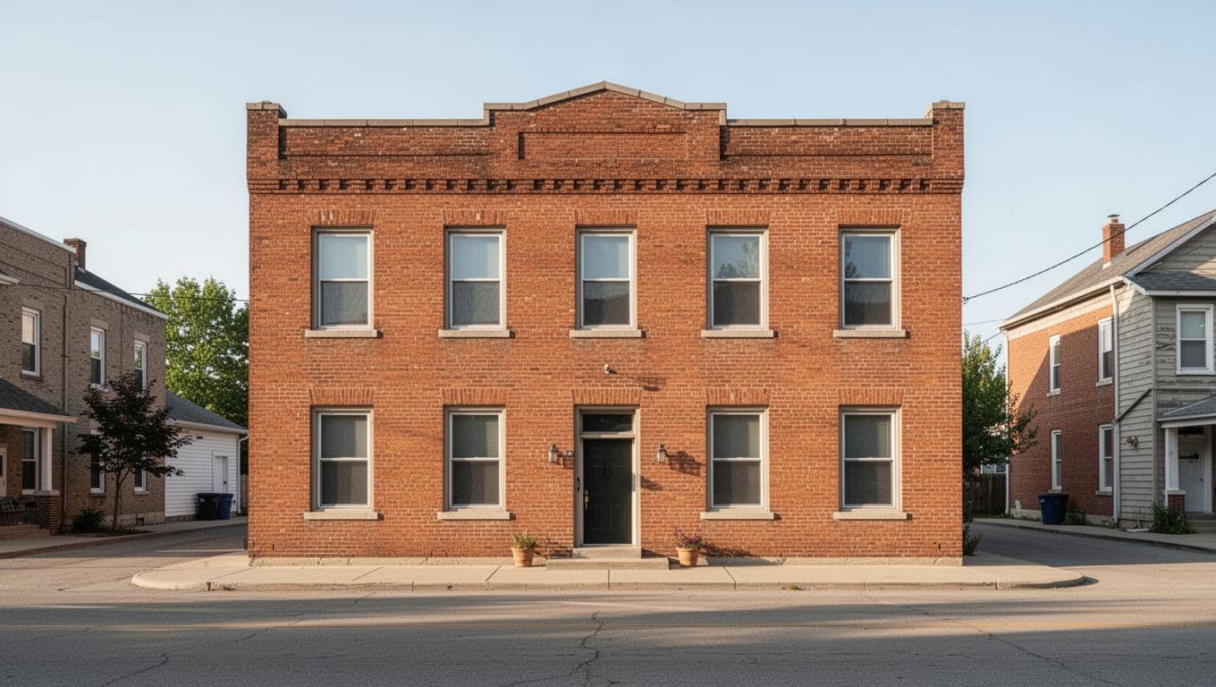 A quiet two-story brick building serving as a small town inn under bright daylight.