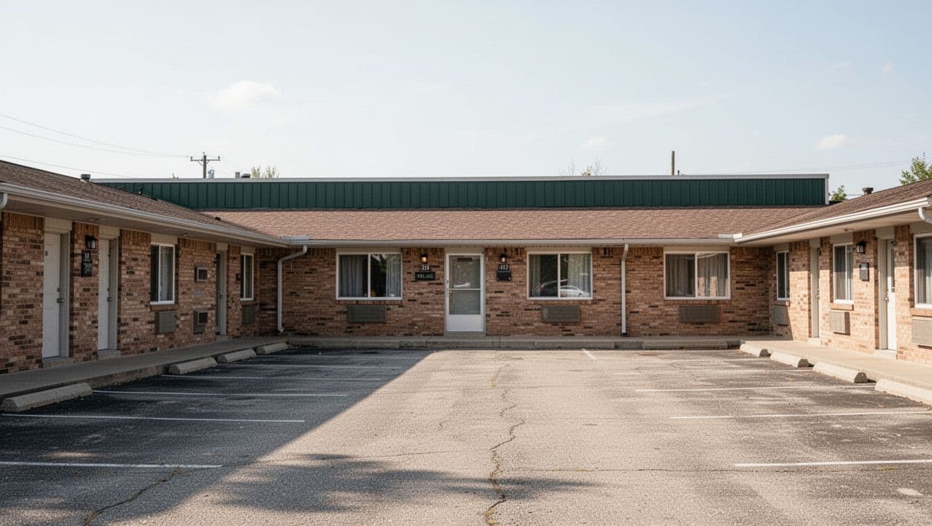 A single-story motel building features a clean facade with a dark green accent stripe near the roofline. An empty asphalt parking lot sits directly in front of the quiet entrance.