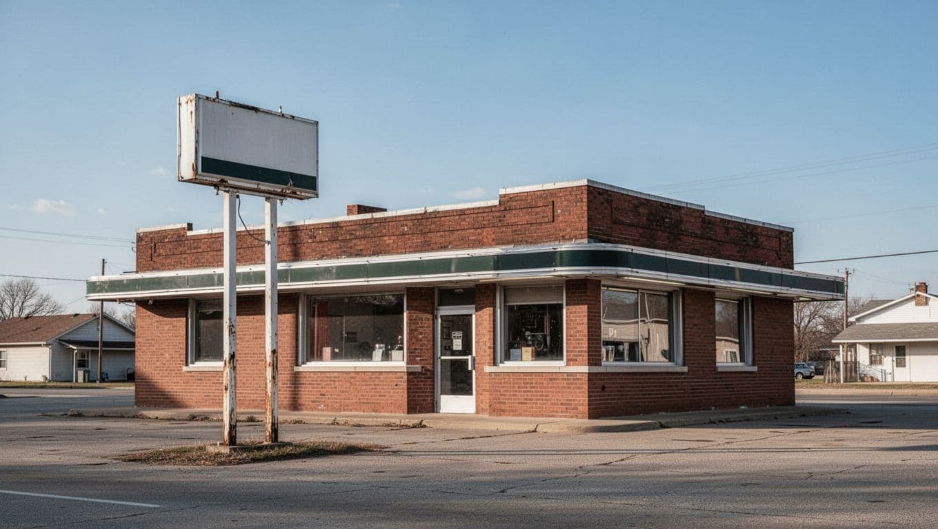 Brick highway diner with a vintage sign and HIGHWAY STOPS lettering under a blue sky.