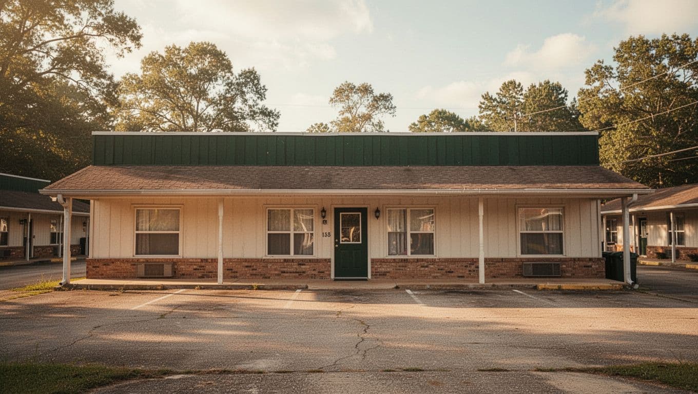 A quiet rural Alabama motel exterior glowing in warm afternoon sunlight.