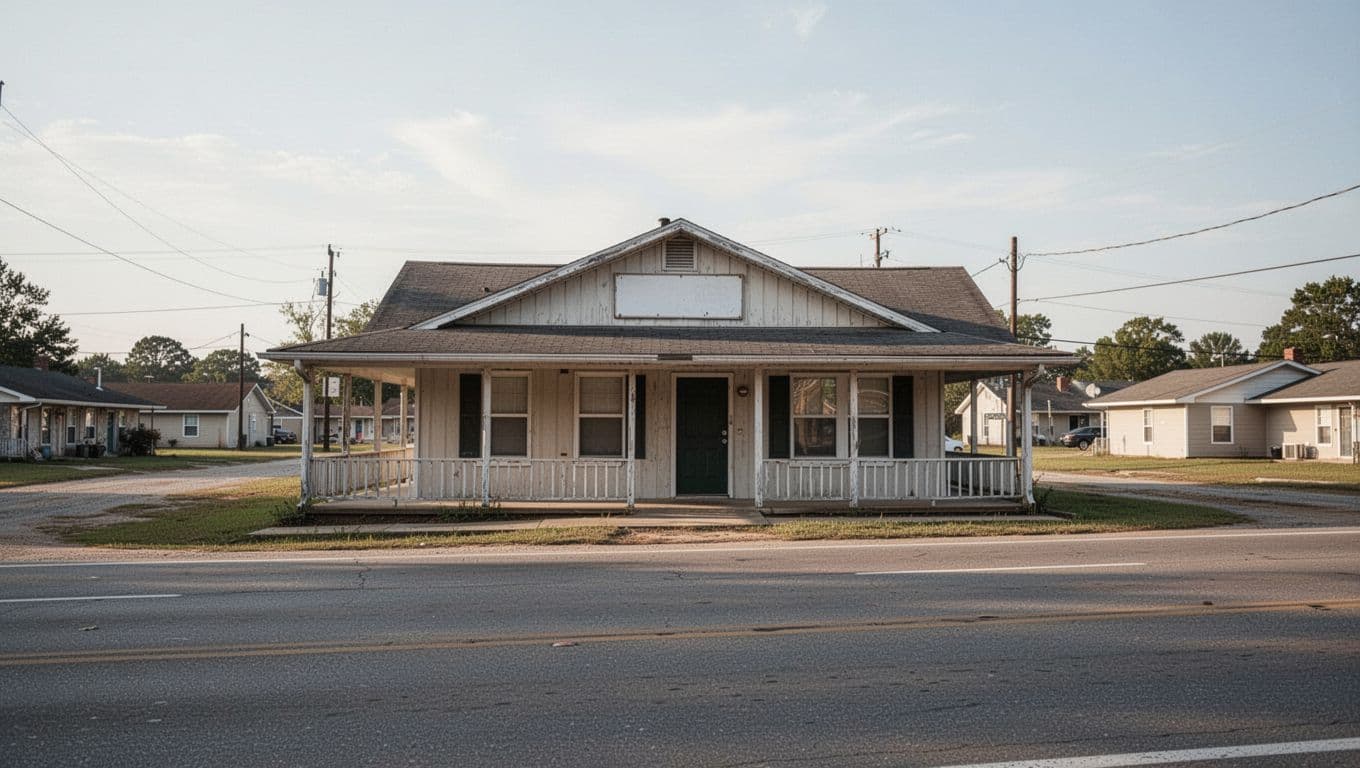 A modest single-story motel building next to an empty parking lot in a rural town.