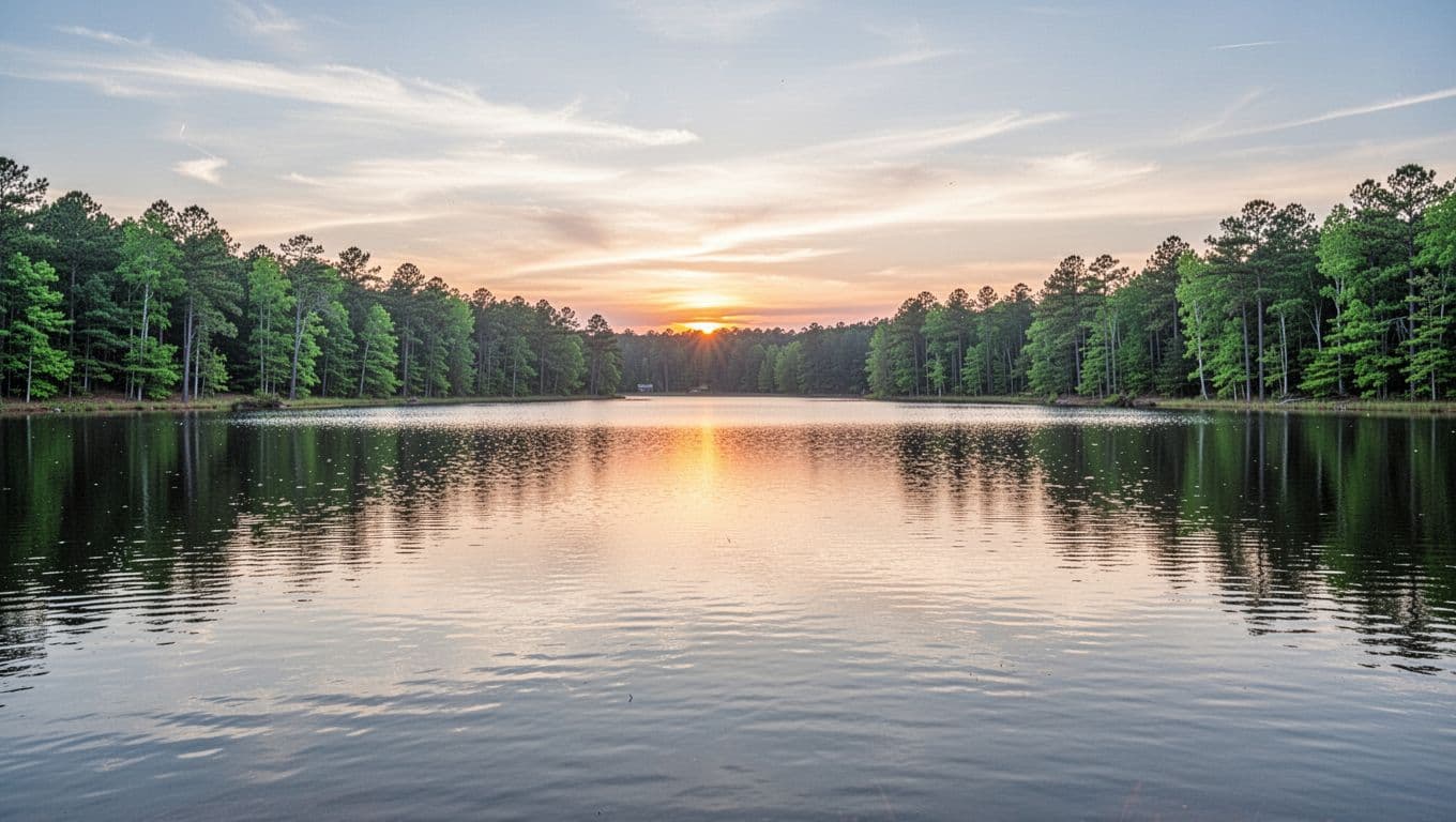 Tranquil water and a forested shoreline at Smith Lake in Alabama.