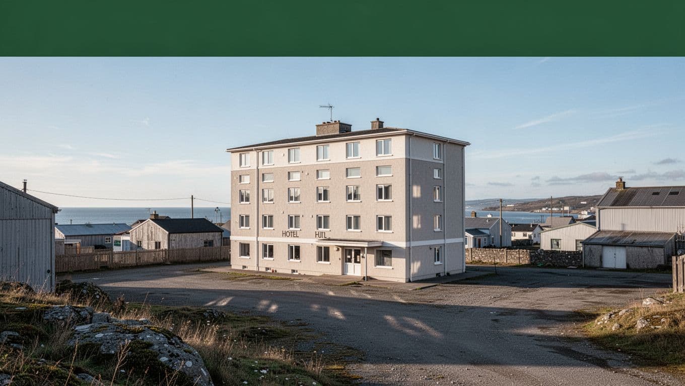 A single modest hotel structure stands alone in a quiet industrial coastal town. A dark green horizontal accent band spans the roofline, featuring clean typography against a bright, clear blue sky.