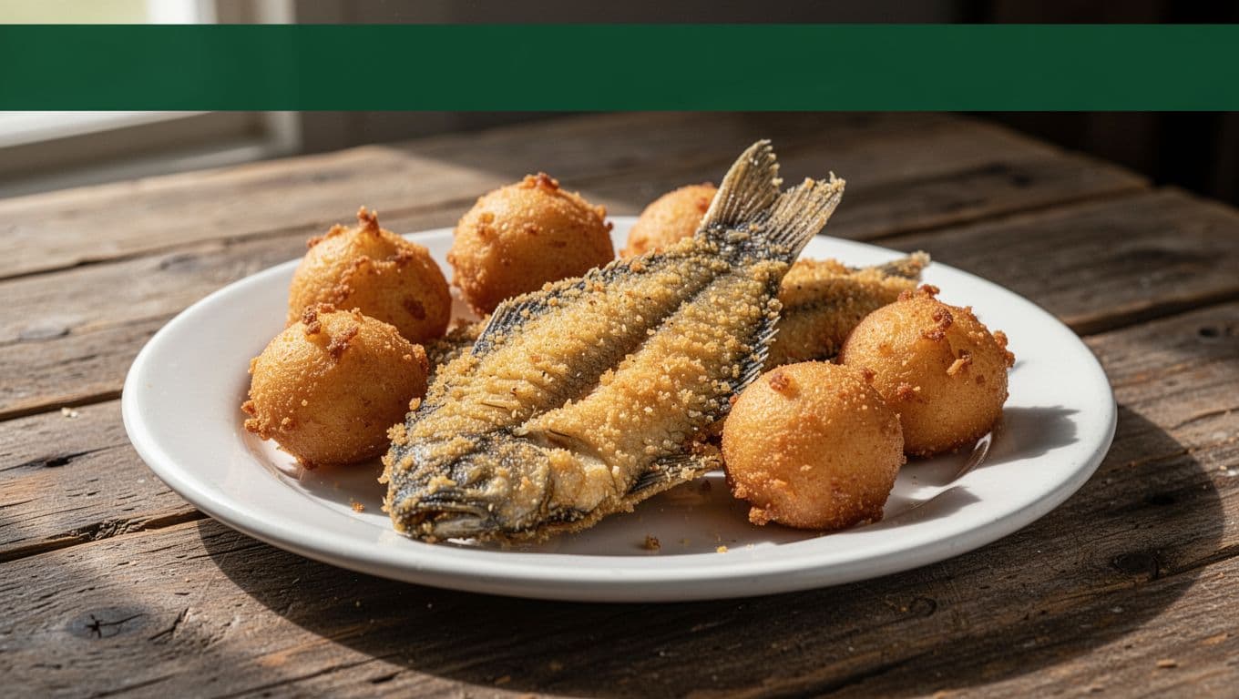 Fried catfish and hushpuppies served on a rustic wooden table.