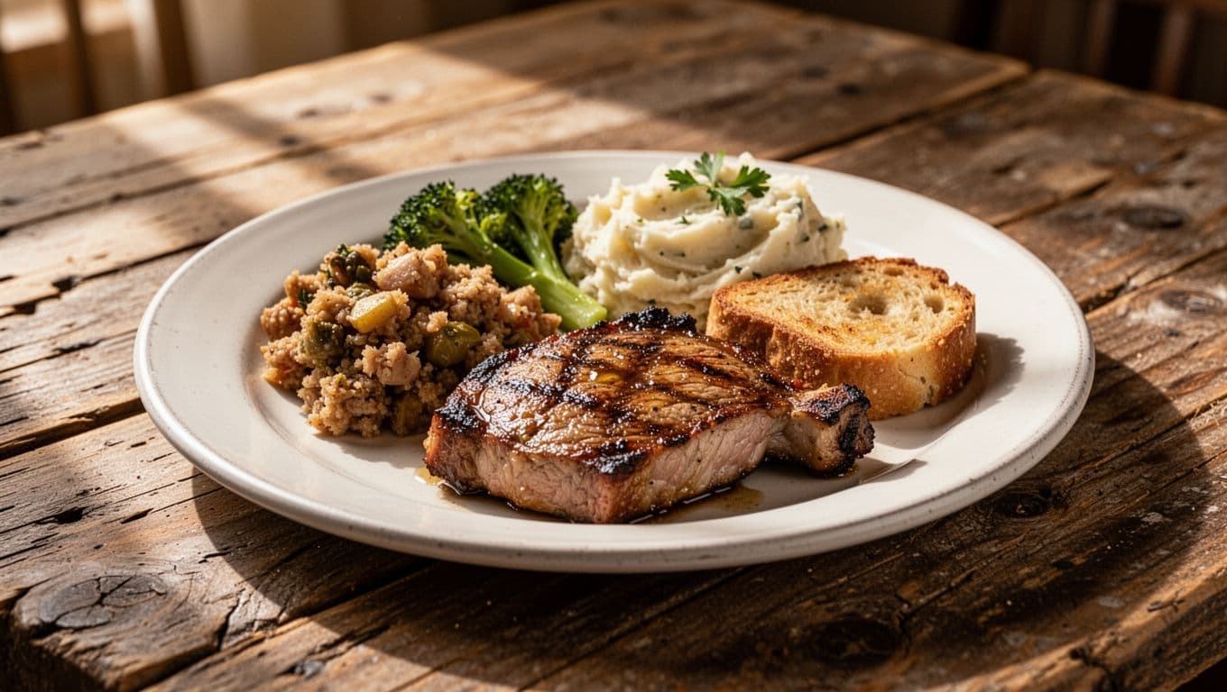 A plate of fried chicken, mashed potatoes, and greens on a rustic wooden table.