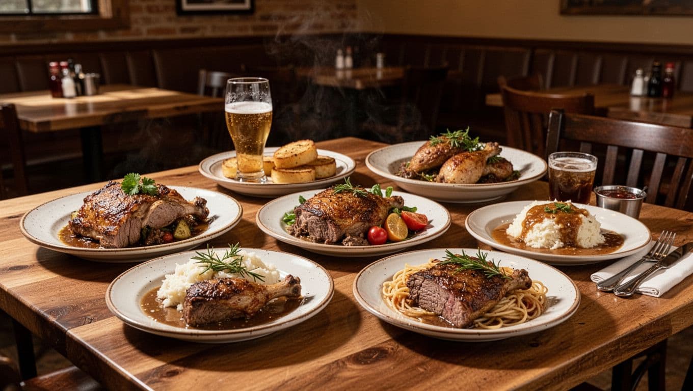 Southern comfort food served on a wooden restaurant table.