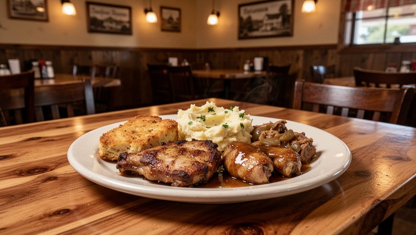 A wooden restaurant table with a plate of Southern comfort food in warm light.