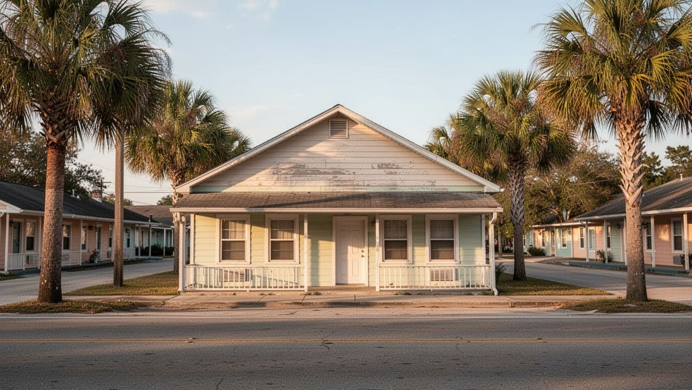 A clean single-story motel exterior in a quiet southern town under warm daylight.