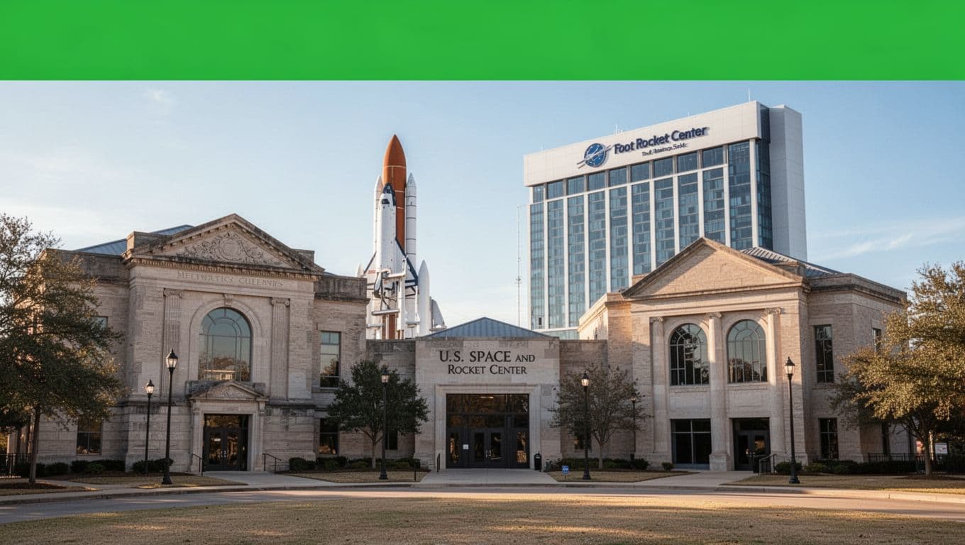 The museum structures stand prominently under a clear blue sky, while a contemporary hotel rises in the distance. A crisp green header bar with professional typography spans the upper image edge.