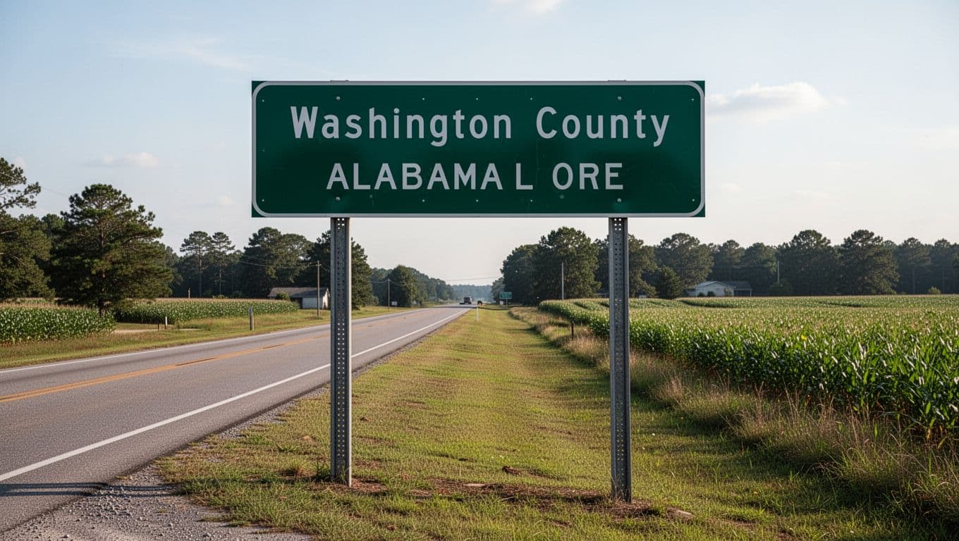 A roadside highway sign for St. Stephens Lodging along a quiet rural Alabama road.