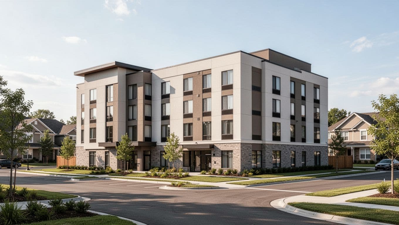 A clean, minimalist hotel building stands under bright daylight with sharp architectural lines. A dark green horizontal band at the roofline features simple white text identifying local area accommodation choices.